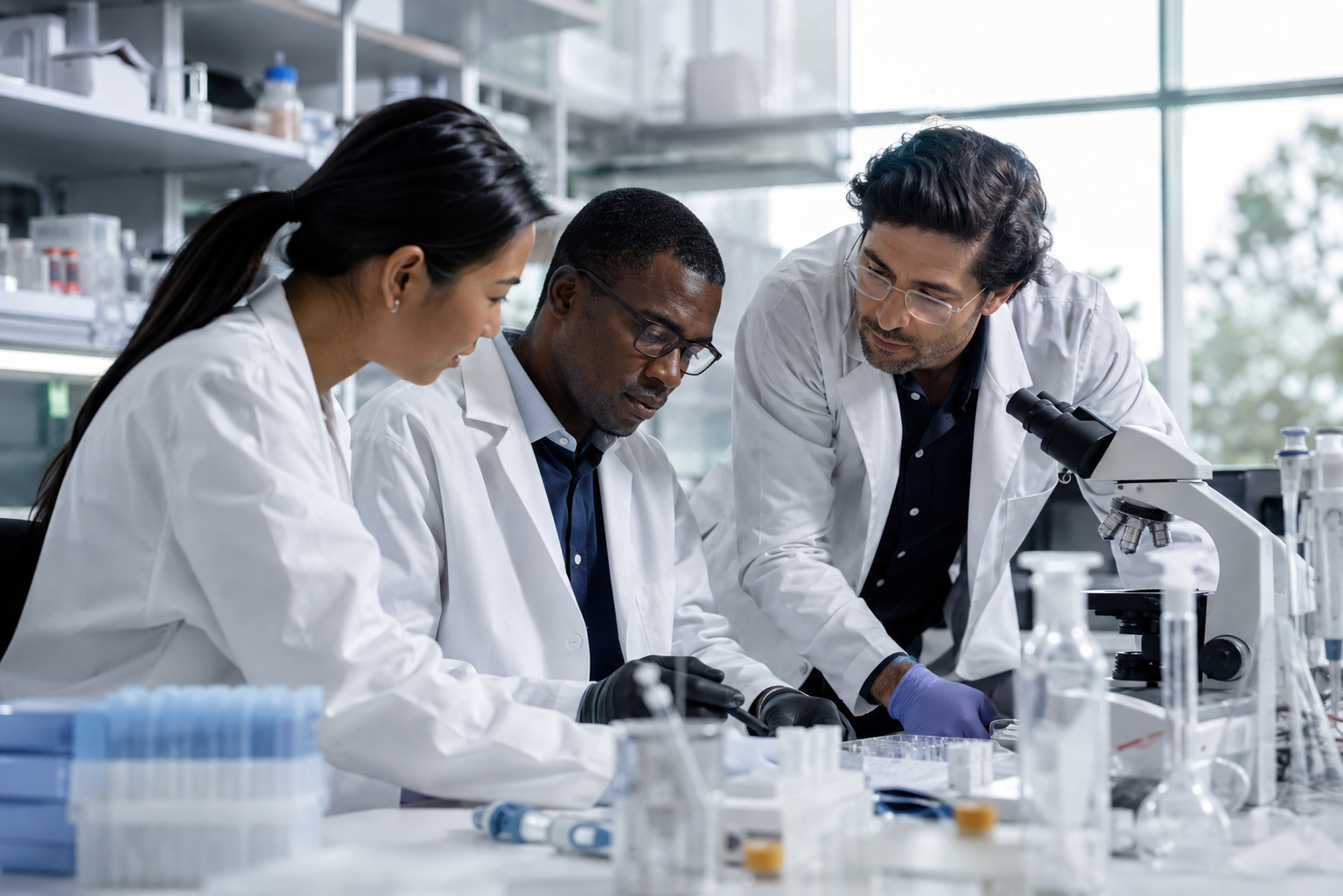 Illustrative clinical research team collaborating in a laboratory